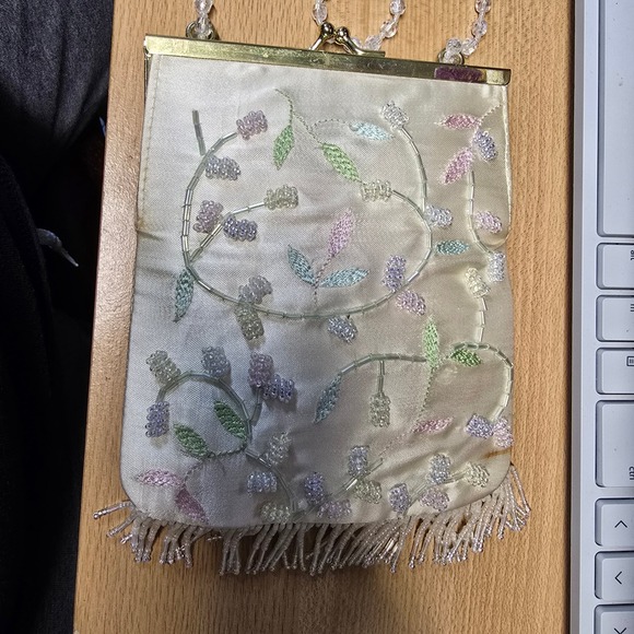 La Regale Handbags - Vintage La Regale Beaded Evening Bag Cream Floral Embroidered Fringe Crossbody